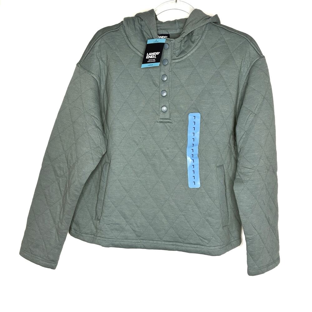 Lands' End Light Teal Quilted Pullover Sweatshirt 1/4 Snap Up NWT Womens Large